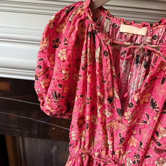 ULLA JOHNSON Puff-Sleeved Tiered Drawstring Mini Dress Hollyhock Size 4 - Picture 2 of 8